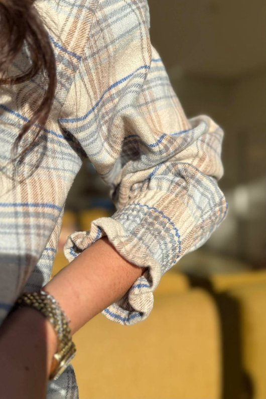 Agnes Plaid Brushed Cotton Neckerchief Blouse Blue